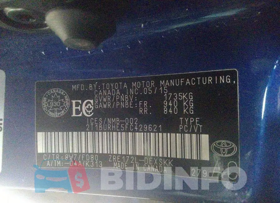 2T1BURHE5FC429621 Photo# 9