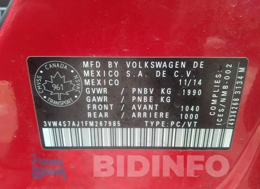 3VW4S7AJ1FM267985 Photo# 9