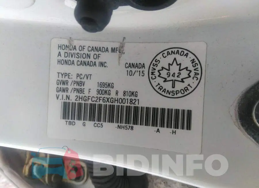2HGFC2F6XGH001821 Photo# 9