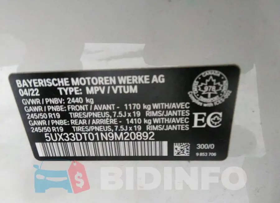 5UX33DT01N9M20892 Photo# 9