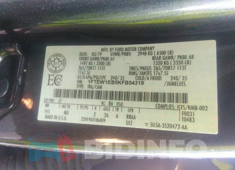 1FTEW1EB5KFB54319 Photo# 9