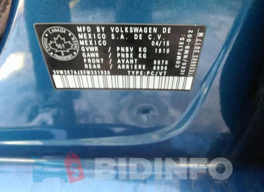 3VW2K7AJXFM331920 Photo# 9
