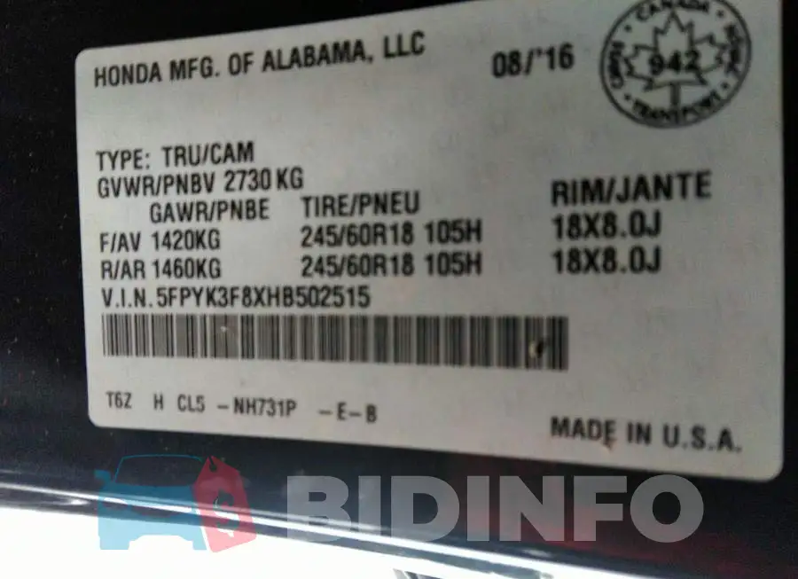5FPYK3F8XHB502515 Photo# 9