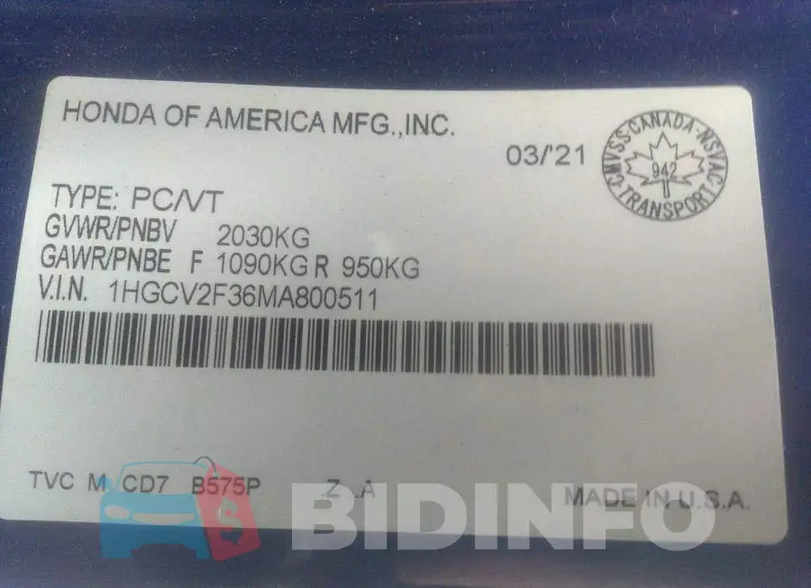 1HGCV2F36MA800511 Photo# 9