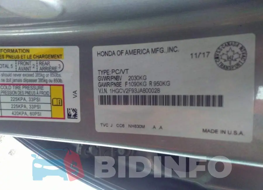 1HGCV2F93JA800028 Photo# 9