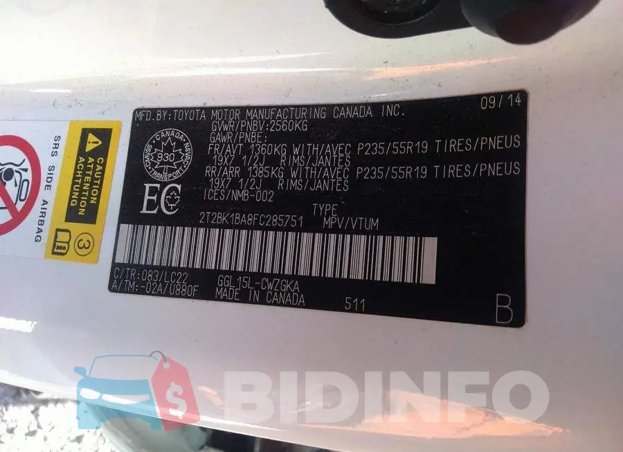 2T2BK1BA8FC285751 Photo# 9