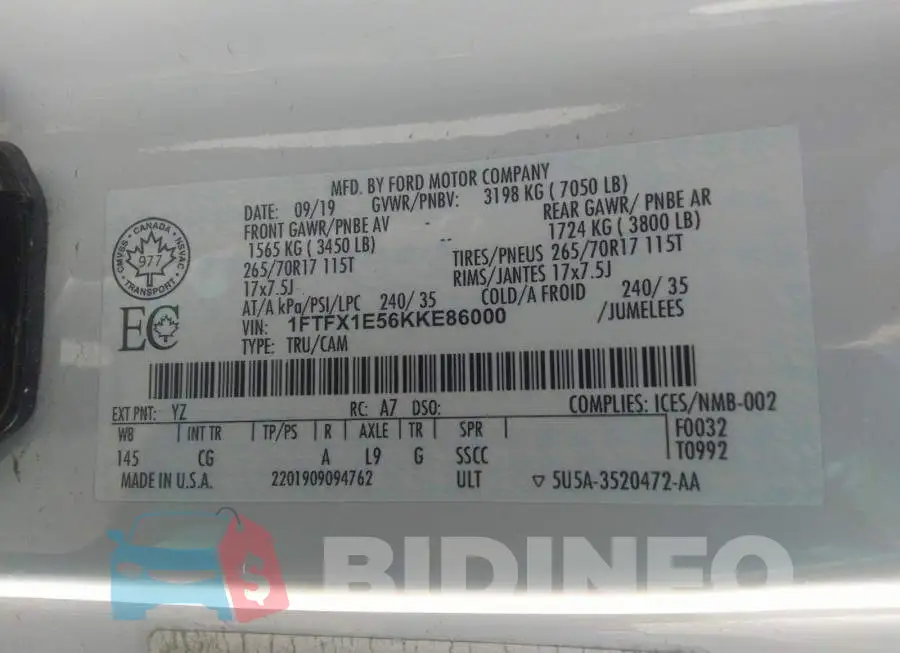 1FTFX1E56KKE86000 Photo# 9