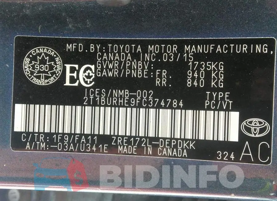 2T1BURHE9FC374784 Photo# 9