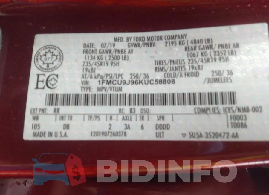 1FMCU9J96KUC58808 Photo# 9