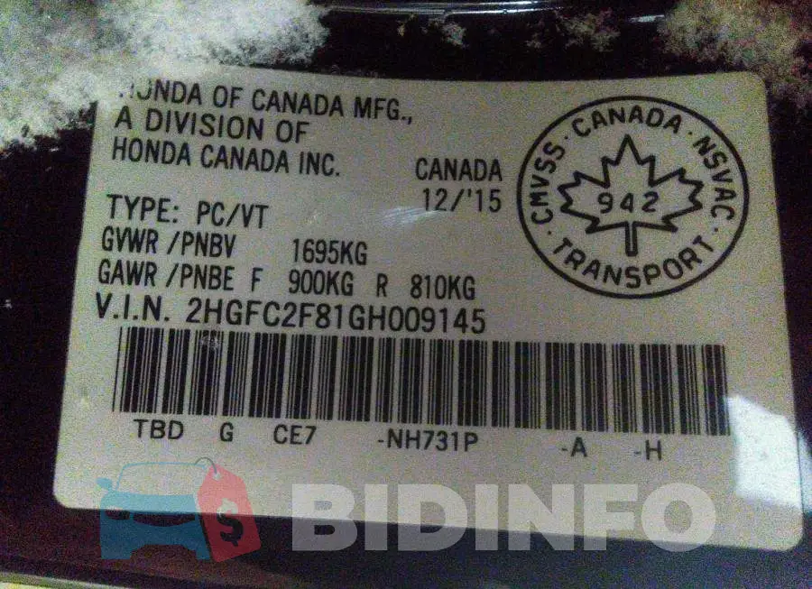 2HGFC2F81GH009145 Photo# 9