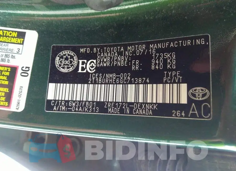 2T1BURHE6GC713874 Photo# 9