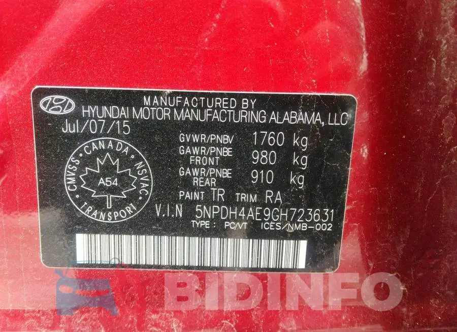 5NPDH4AE9GH723631 Photo# 9