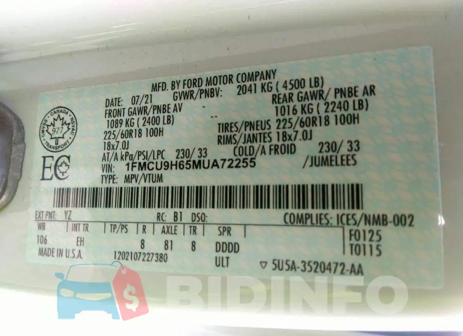 1FMCU9H65MUA72255 Photo# 9