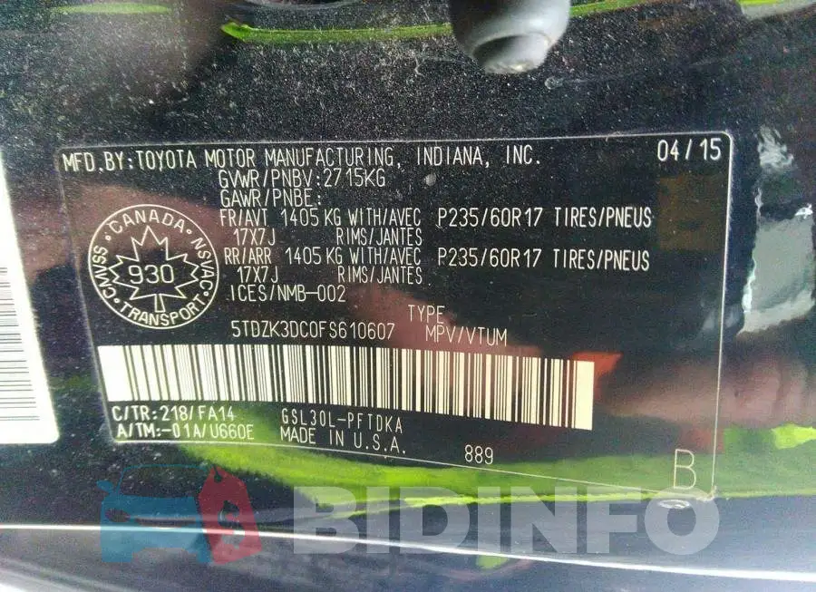 5TDZK3DC0FS610607 Photo# 9