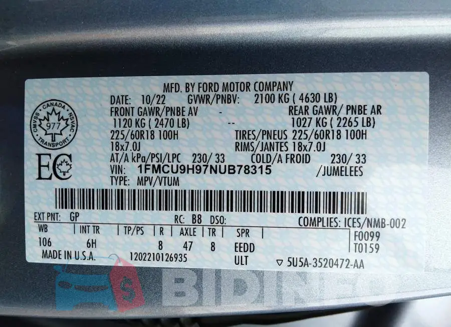 1FMCU9H97NUB78315 Photo# 9