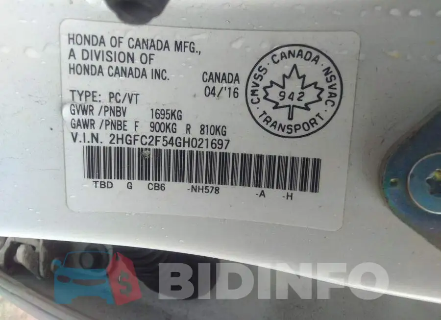 2HGFC2F54GH021697 Photo# 9