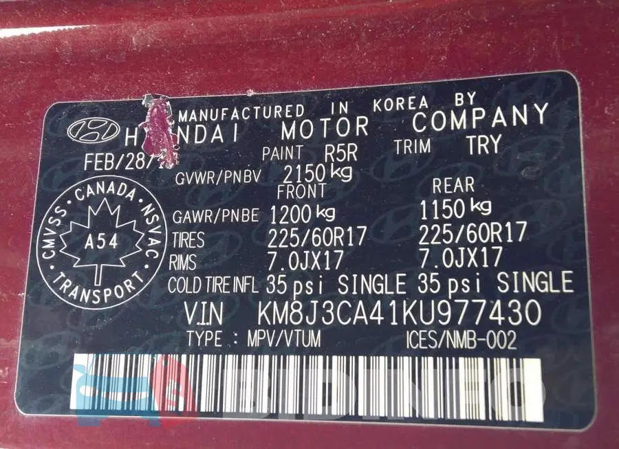 KM8J3CA41KU977430 Photo# 9