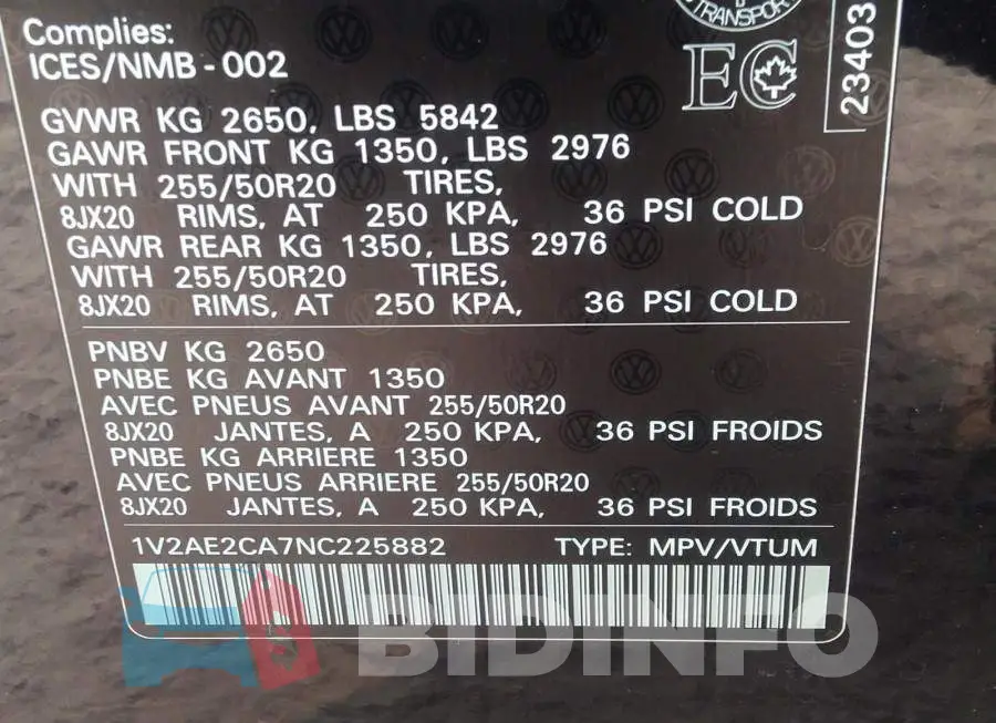 1V2AE2CA7NC225882 Photo# 9