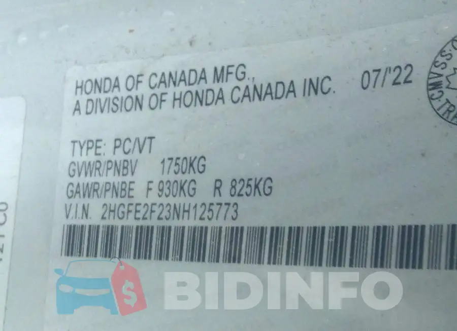 2HGFE2F23NH125773 Photo# 9