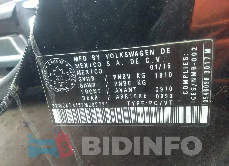 3VW2K7AJ6FM285731 Photo# 9