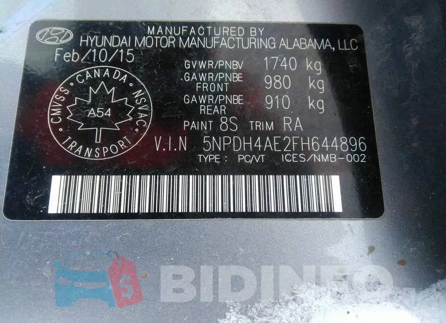 5NPDH4AE2FH644896 Photo# 9