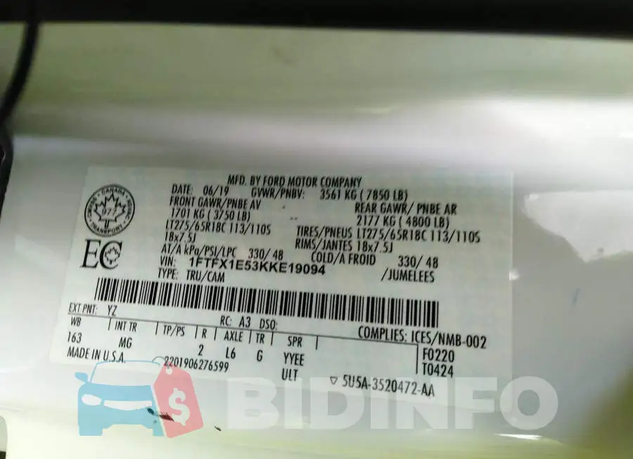 1FTFX1E53KKE19094 Photo# 9