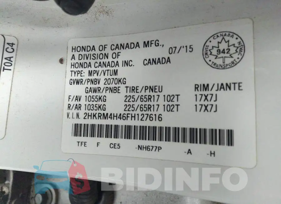 2HKRM4H46FH127616 Photo# 9