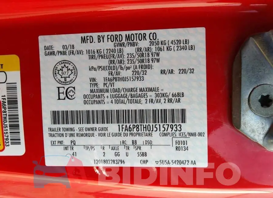 1FA6P8TH0J5157933 Photo# 9