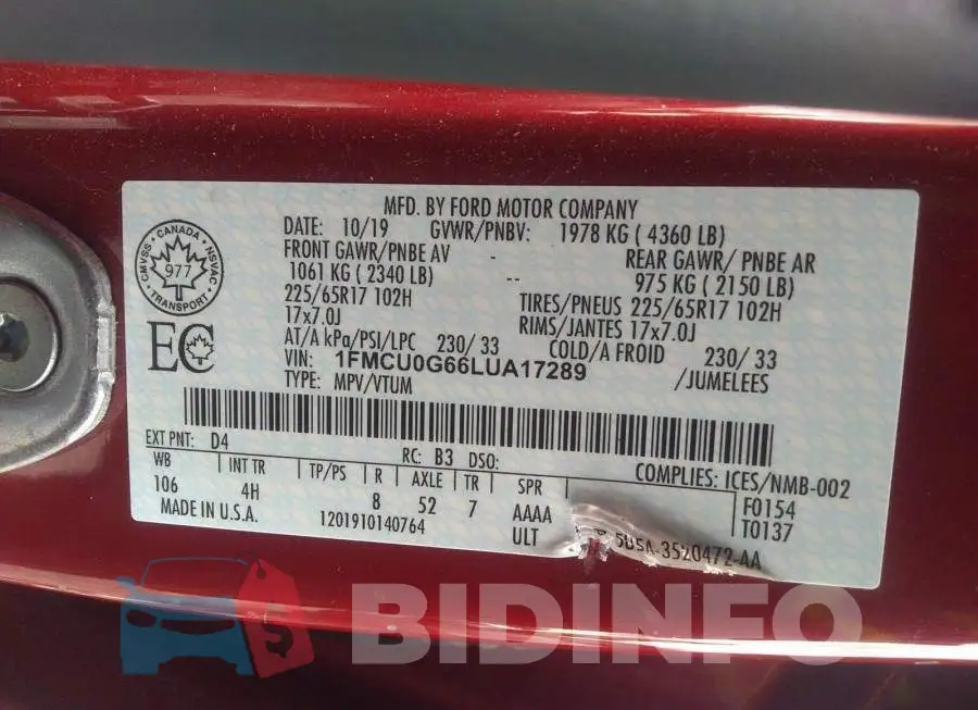 1FMCU0G66LUA17289 Photo# 9