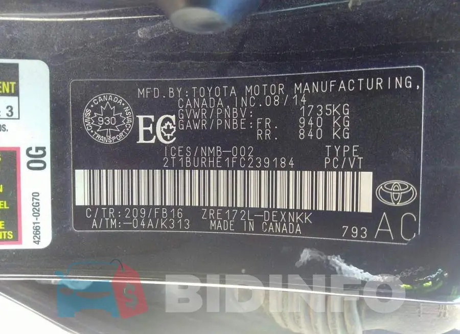 2T1BURHE1FC239184 Photo# 9