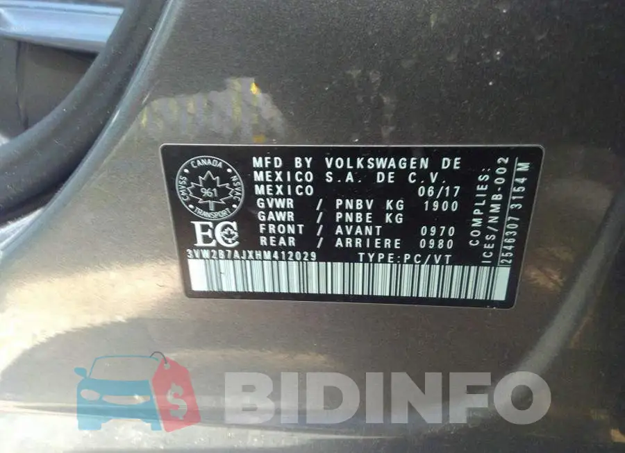 3VW2B7AJXHM412029 Photo# 9