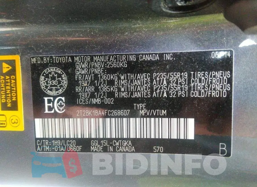 2T2BK1BA4FC268607 Photo# 9