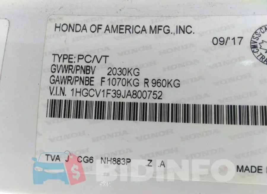 1HGCV1F39JA800752 Photo# 9