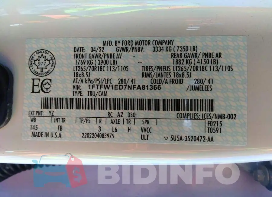 1FTFW1ED7NFA81366 Photo# 9