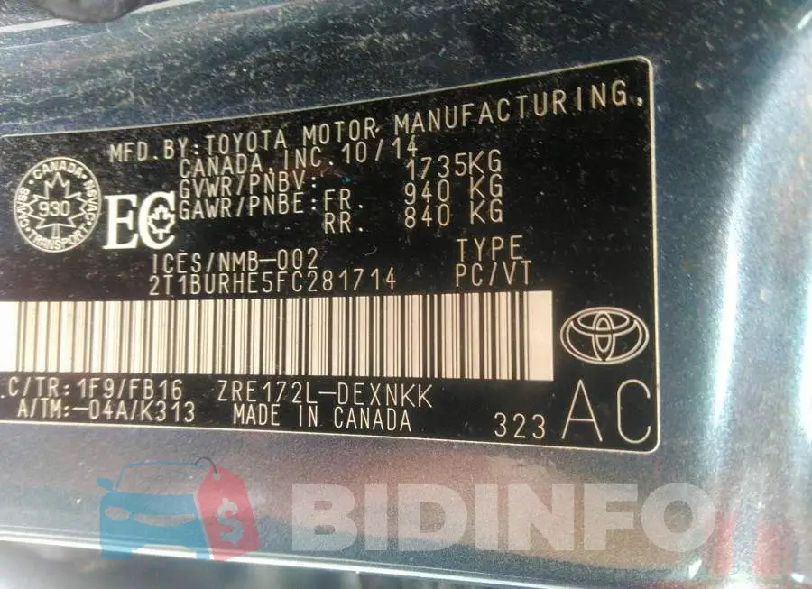2T1BURHE5FC281714 Photo# 9