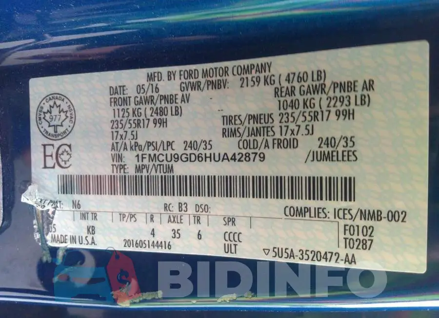 1FMCU9GD6HUA42879 Photo# 9