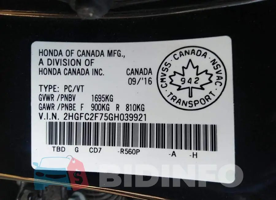 2HGFC2F75GH039921 Photo# 9