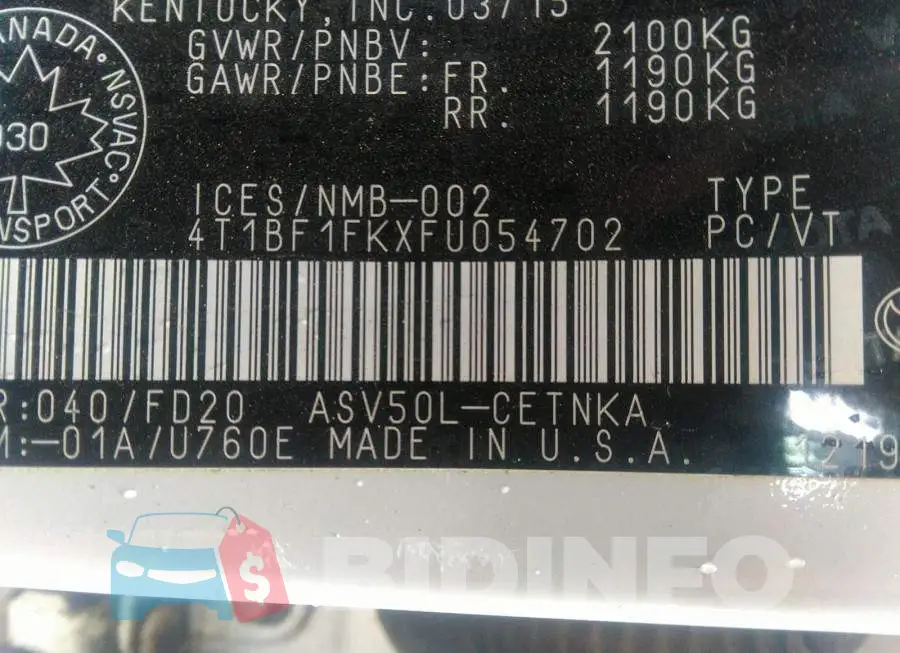 4T1BF1FKXFU054702 Photo# 9