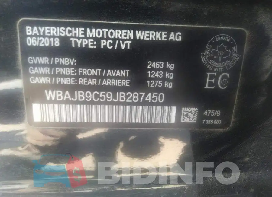 WBAJB9C59JB287450 Photo# 9