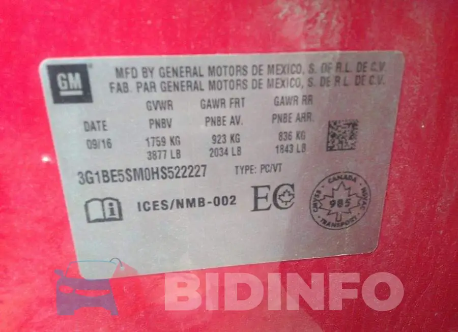 3G1BE5SM0HS522227 Photo# 9