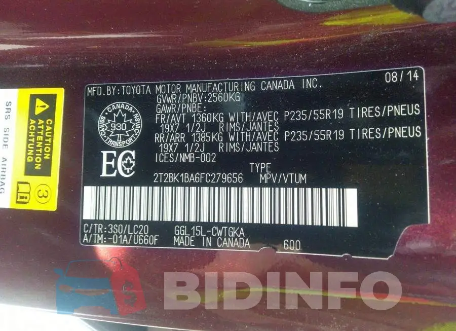 2T2BK1BA6FC279656 Photo# 9