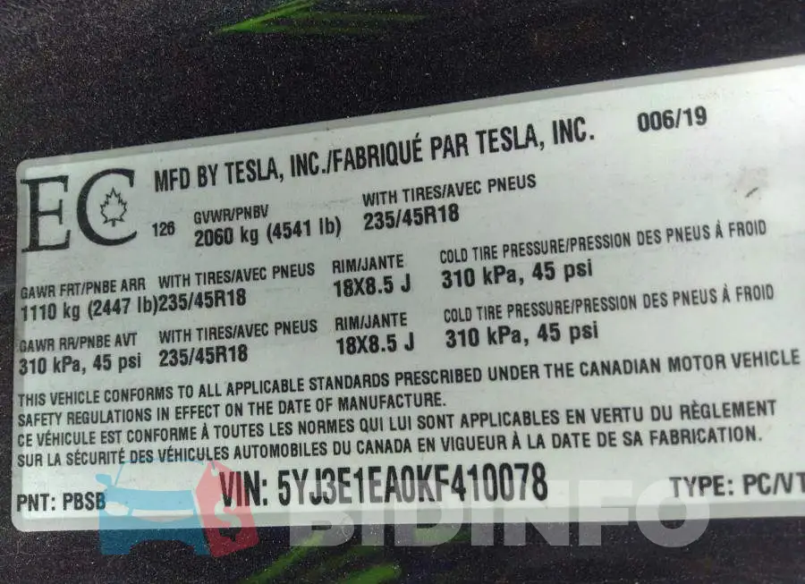 5YJ3E1EA0KF410078 Photo# 9