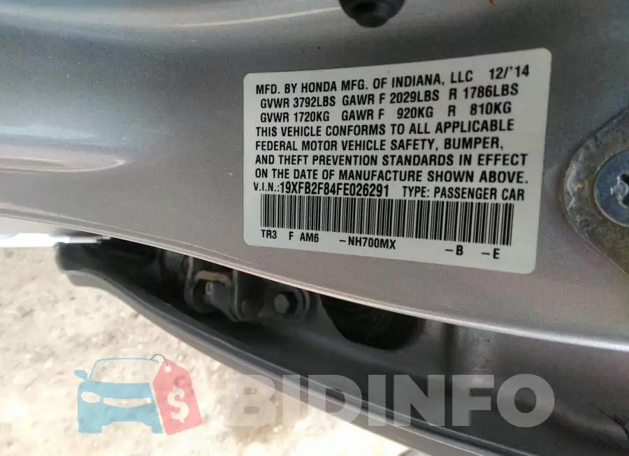 19XFB2F84FE026291 Photo# 9
