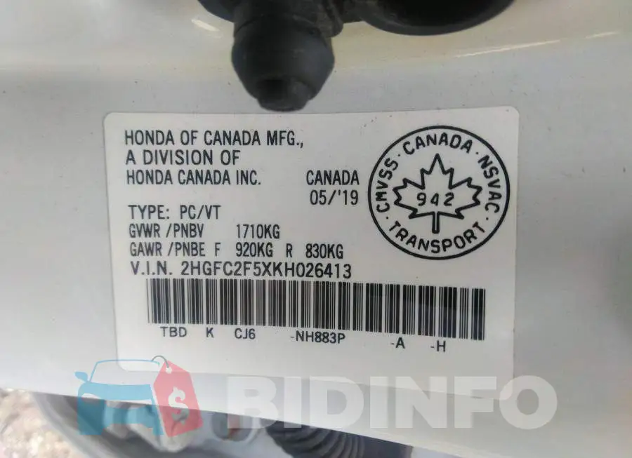 2HGFC2F5XKH026413 Photo# 9