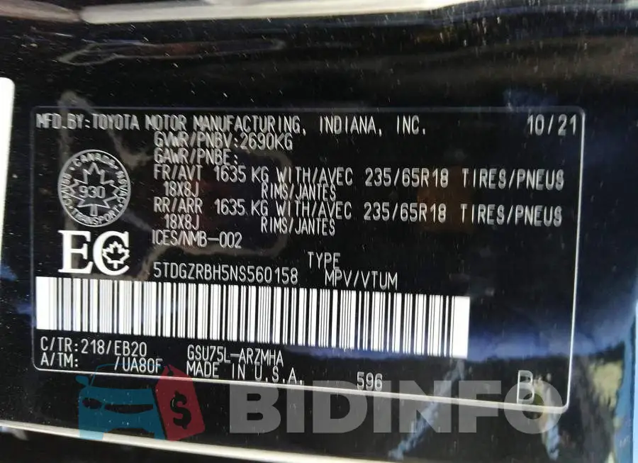 5TDGZRBH5NS560158 Photo# 9