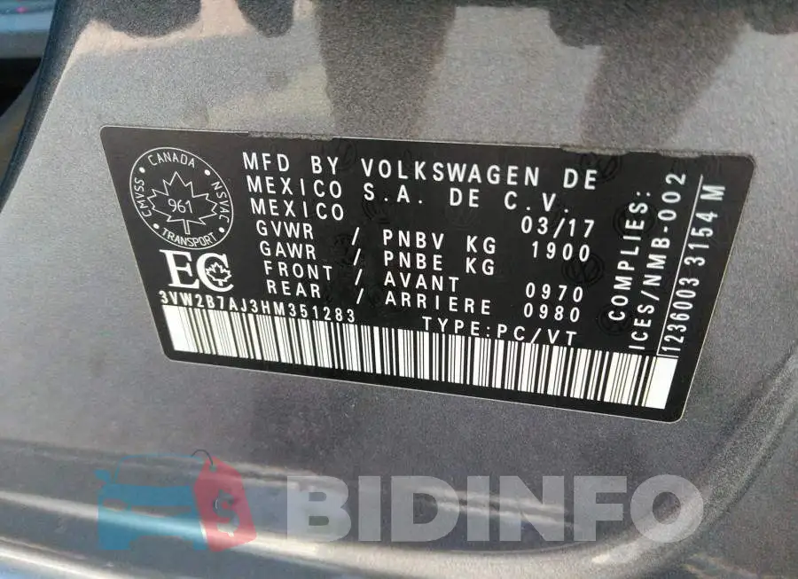 3VW2B7AJ3HM351283 Photo# 9