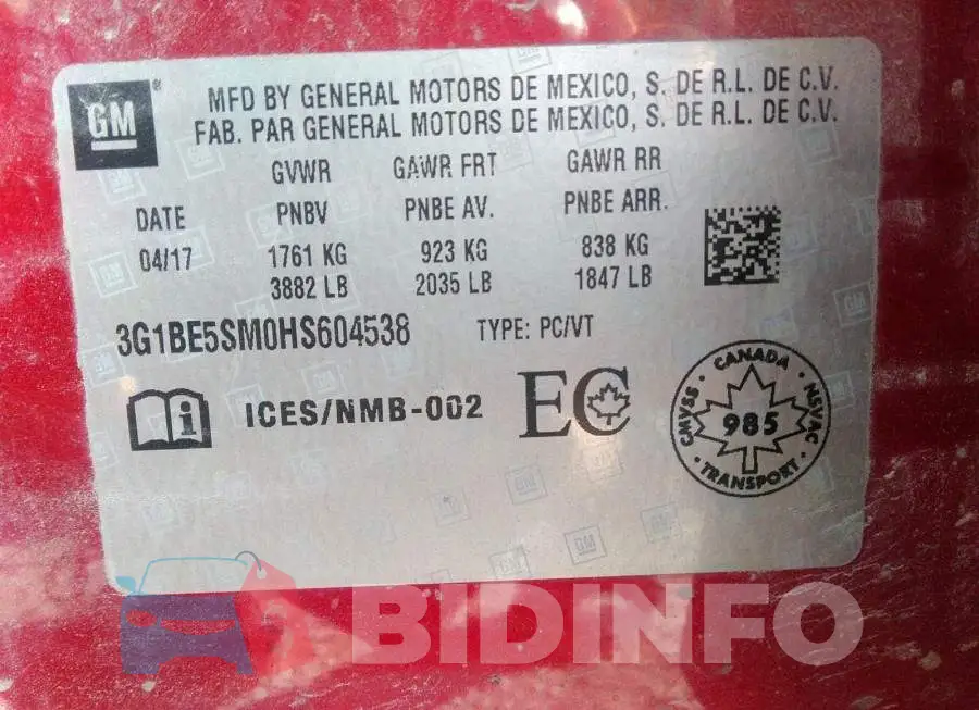 3G1BE5SM0HS604538 Photo# 9