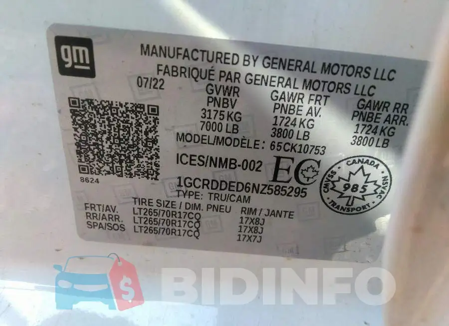 1GCRDDED6NZ585295 Photo# 9