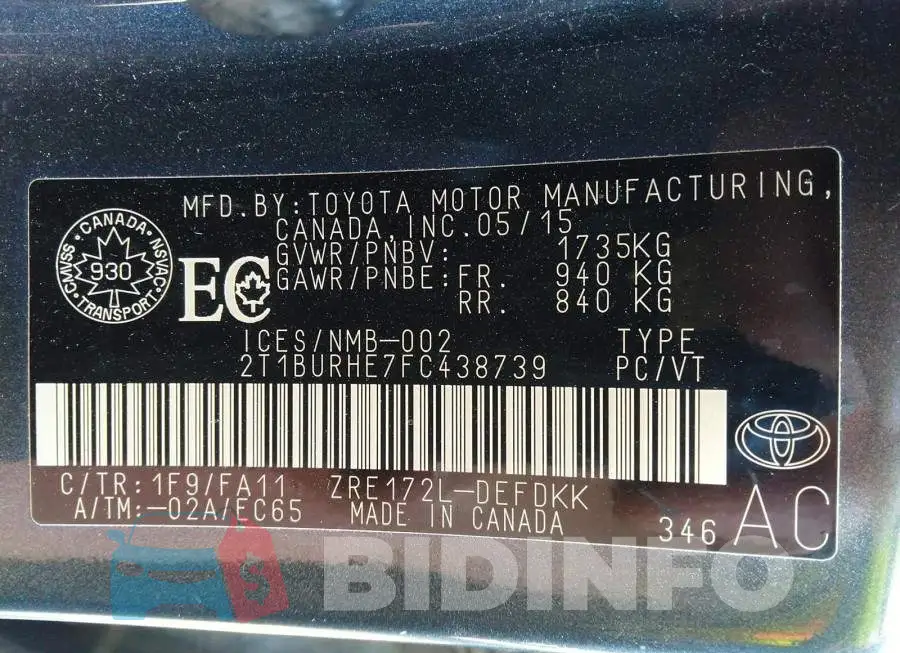 2T1BURHE7FC438739 Photo# 9