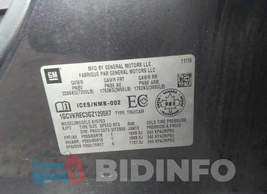 1GCVKREC3GZ129587 Photo# 9